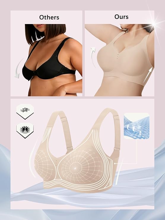 Nude full-coverage bralette with wide V-wireless cups and smooth side support.