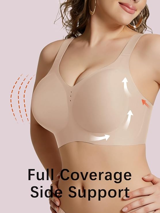 Nude full-coverage bralette with supportive side coverage and gentle lifting fit.