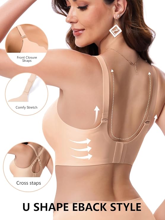Nude scalloped seamless push-up bra with cross-back straps
