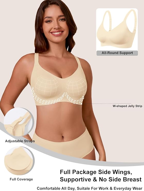 Nude no-underwire full-coverage T-shirt bra with adjustable straps, front view