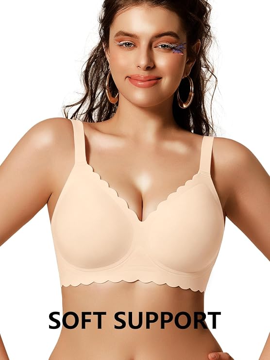 Nude scalloped full-coverage bra with soft support, no underwire, seamless look