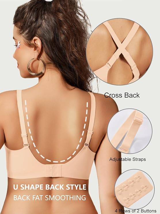 Nude wireless t-shirt bra with deep V front, cross-back straps, adjustable fit