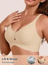 Nude seamless plunge bra close-up with V neckline and smooth molded cups