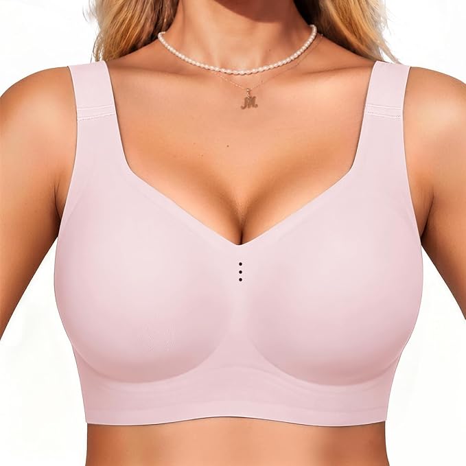 Pink full-coverage V-neck bralette with smooth cups and no underwire, wide straps