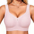 Pink full-coverage V-neck bralette with smooth cups and no underwire, wide straps