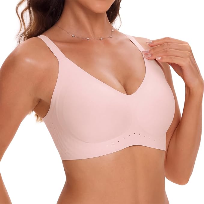 Pink seamless V-neck bralette with wide adjustable straps, no underwire