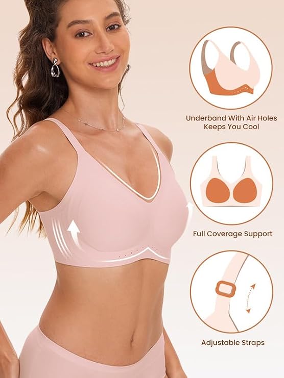 Pink seamless t-shirt bralette with V-neck and adjustable straps, full coverage cups