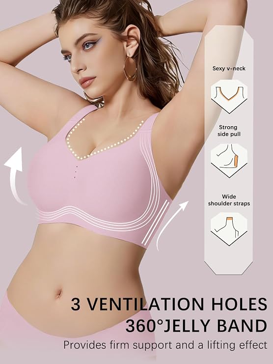 Pink full-coverage bralette with V-neckline and wide shoulder straps