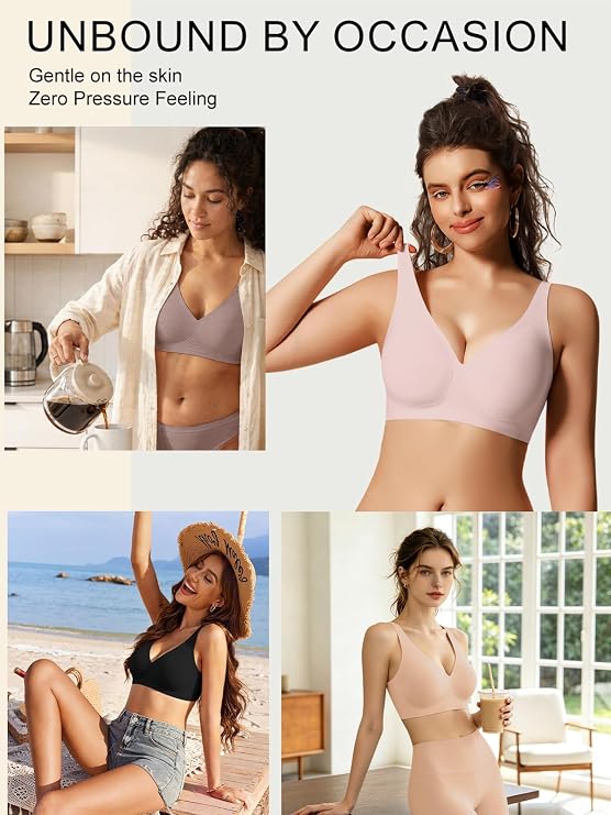 Pink deep V wireless bra, smooth supportive T-shirt style, front view.