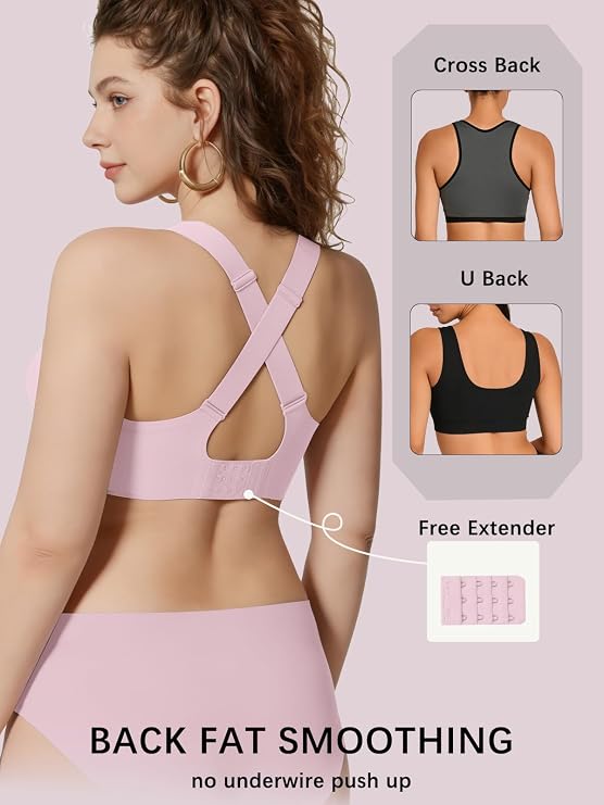 Pink bralette back view with crisscross straps and full-coverage smoothing back panel