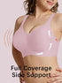 Pink full-coverage no-underwire bralette with V-neck front and smooth side support
