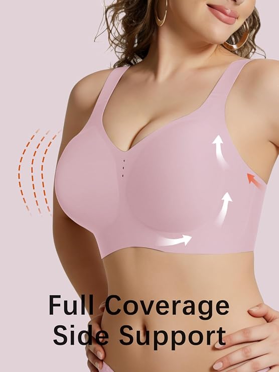 Pink full-coverage no-underwire bralette with V-neck front and smooth side support