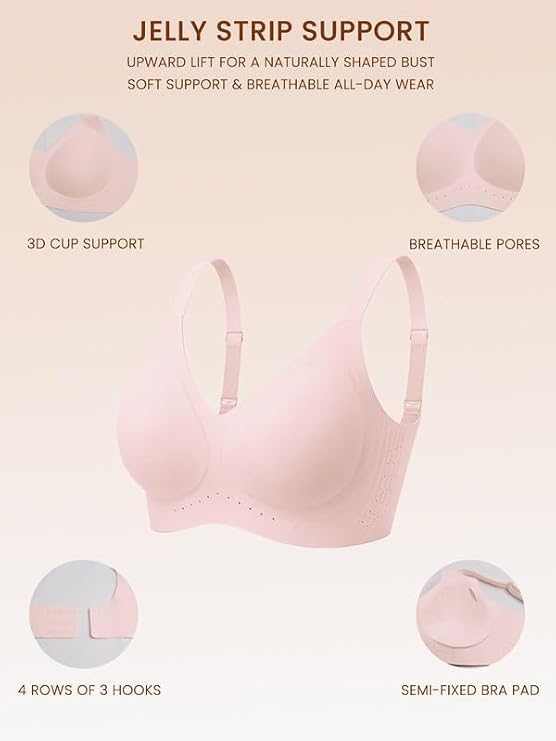 Pink seamless bralette diagram with adjustable straps and hook-and-eye back