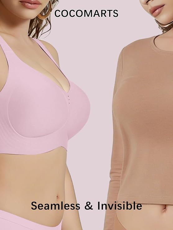 Pink seamless V-neck bralette with smooth, invisible-looking front design