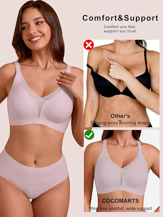 Light pink deep-V mesh bra with no underwire, wire-free push-up support