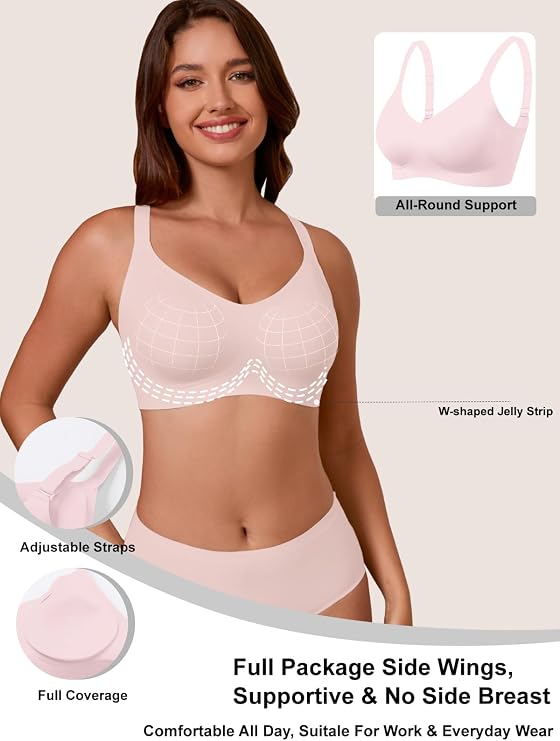 Pink no-underwire full-coverage t-shirt bra with adjustable straps and side wings