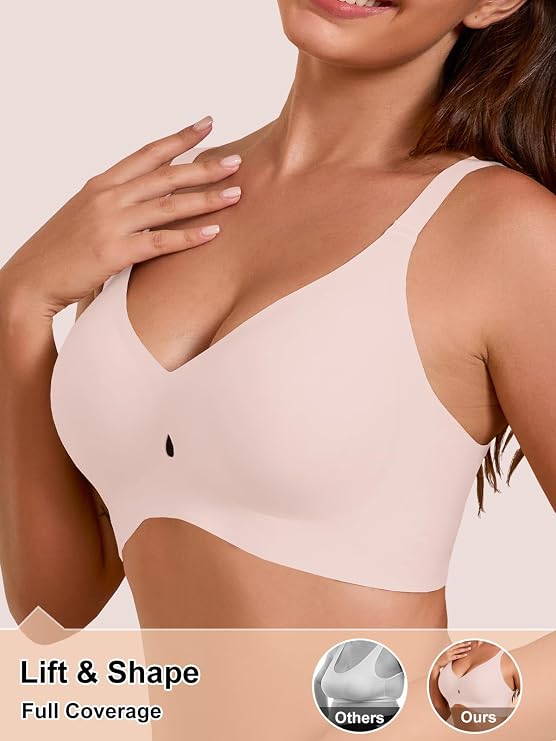 Pink seamless plunge bra close-up with molded cups and full coverage