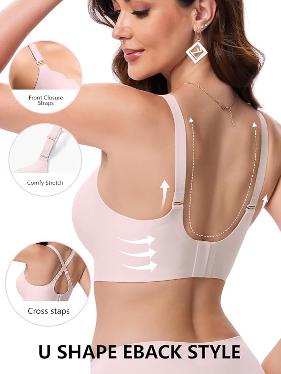 Pink seamless push-up bra with scalloped edges and U-back straps; no underwire