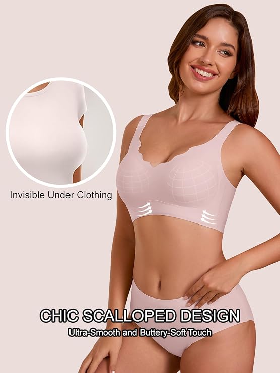 Pink seamless push-up bra with scalloped edge, no underwire
