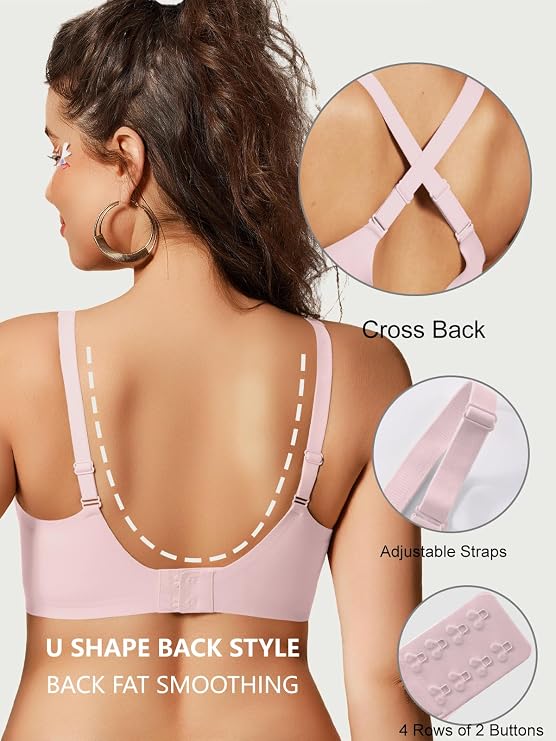 Pink cross-back wireless bra with adjustable straps and back support details, close-up.