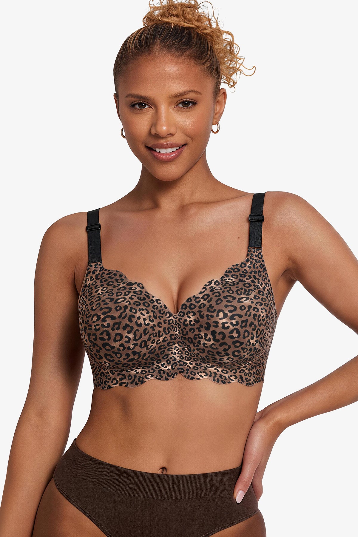 Jelly Bras for Women No Underwire Scalloped Push Up Wireless Bralettes Seamless Soft Comfort Everyday Tshirt Bra Black Leopard