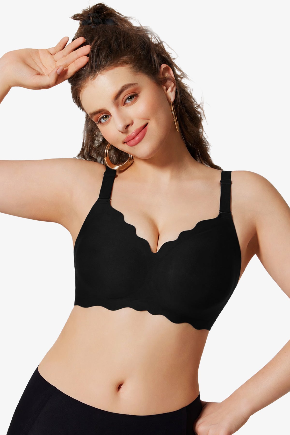 Jelly Bras for Women No Underwire Scalloped Push Up Wireless Bralettes Seamless Soft Comfort Everyday Tshirt Bra Black