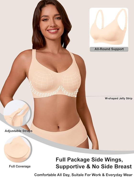 Skin-tone full-coverage t-shirt bra with scoop neckline and adjustable straps