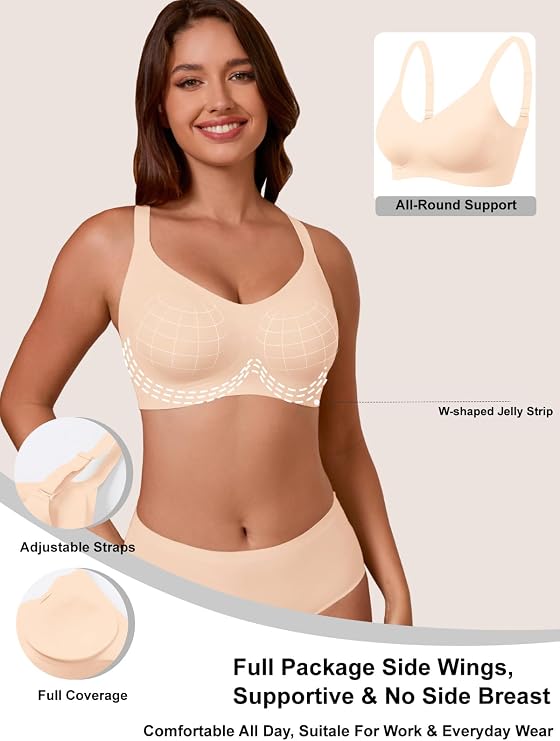 Skin-tone full-coverage t-shirt bra with scoop neckline and adjustable straps