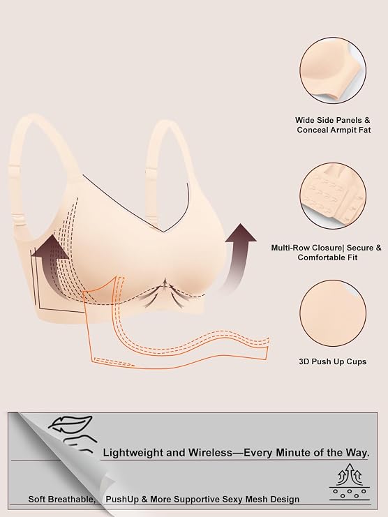 Skin-tone t-shirt bra side view with contoured 3D push-up cups and seamless edges