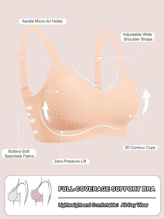 Skin-tone seamless bra with micro-air holes and adjustable wide shoulder straps