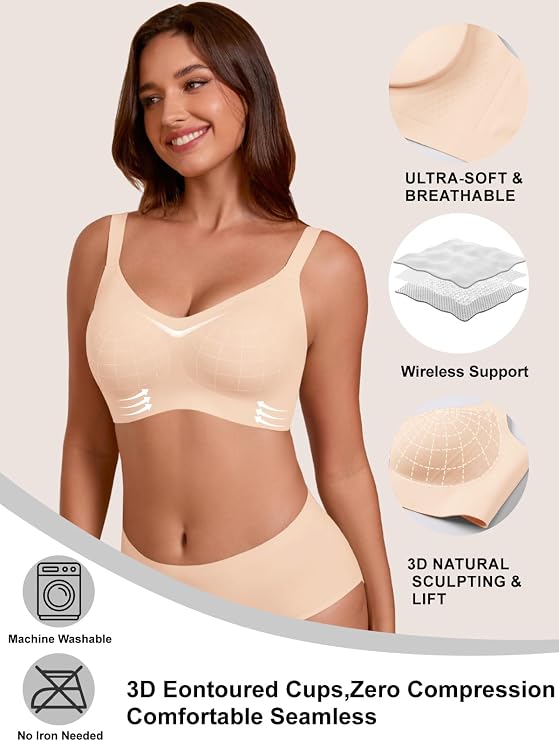 Skin-tone t-shirt bra with seamless contoured cups and soft wireless support