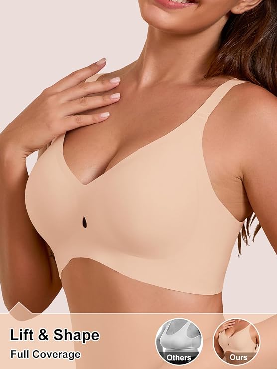 Seamless wireless plunge bra in nude beige with full-coverage V neckline