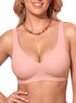 Wireless deep-V T-shirt bra in light pink, seamless cups, wide underband