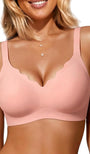Pink scalloped seamless push-up bra with wide straps, no underwire