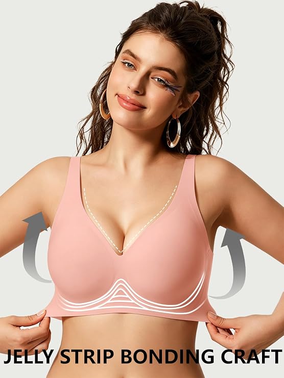 Light pink wireless T-shirt bra with deep V neckline and contrast piping