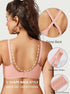 Light pink wireless bra, cross-back straps with adjustable closures, smooth back