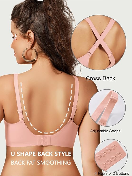 Light pink wireless bra, cross-back straps with adjustable closures, smooth back