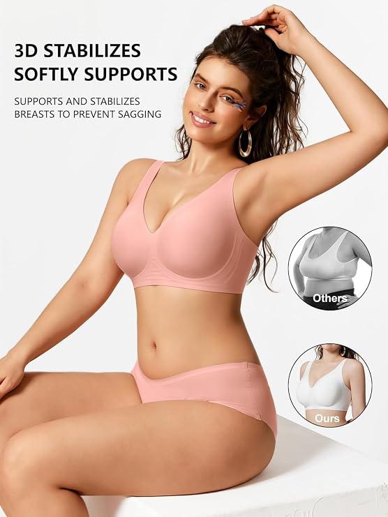 Light pink wireless bra with deep V front and supportive seamless cups