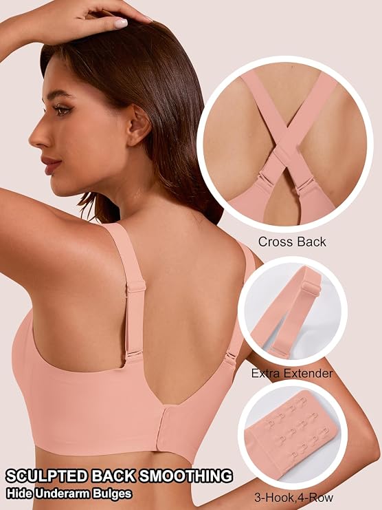 Pink bra back with cross-back straps and adjustable extra extender