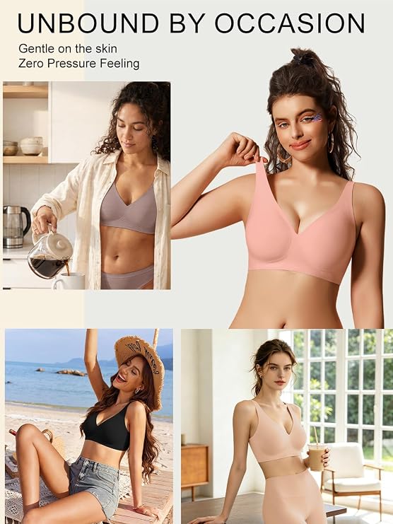 Light pink wireless deep-V bra with smooth cups and adjustable straps