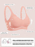 Pink bra diagram: micro-air holes, 3D contour cups, zero-pressure lift