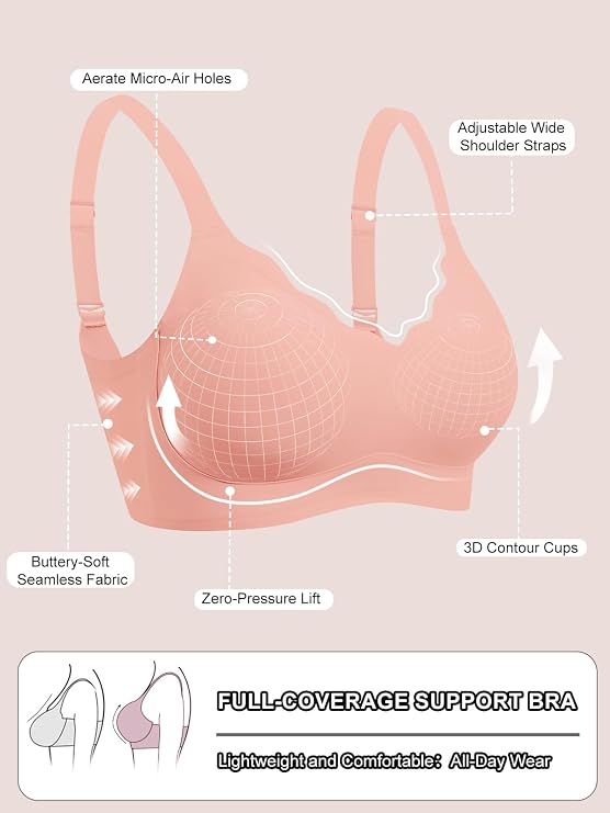 Pink bra diagram: micro-air holes, 3D contour cups, zero-pressure lift