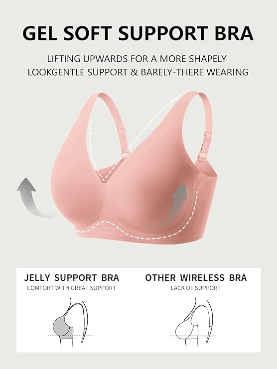 Light pink wireless support bra with molded cups and U-shaped front neckline