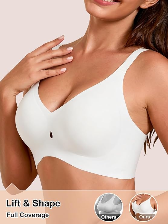 Seamless wireless plunge bra in white with full-coverage lift and shape cups