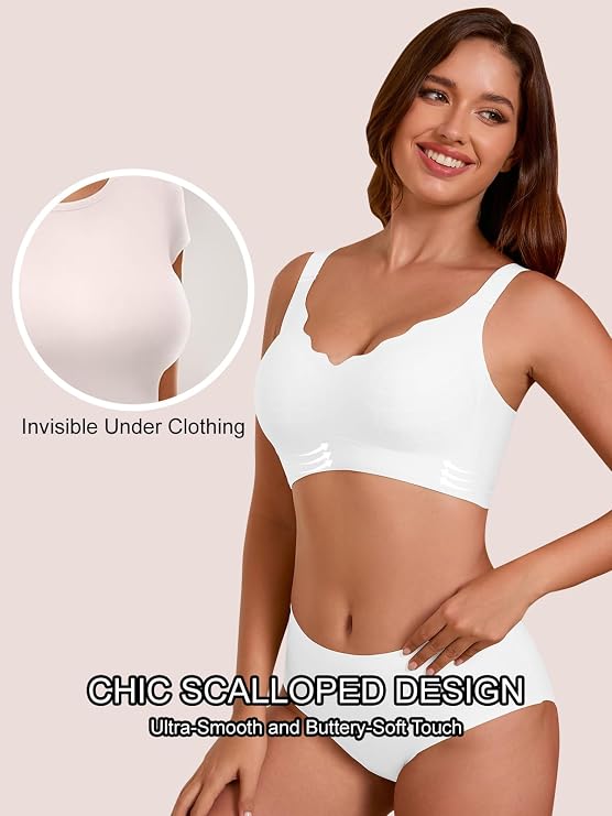 White seamless push-up t-shirt bra with scalloped edge trim